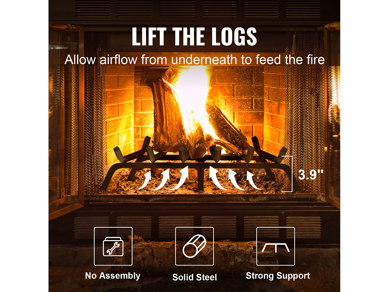 Grille à Bûches pour Foyer SucceBuy, 69 cm, Acier avec Revêtement en Poudre, Support à Bois