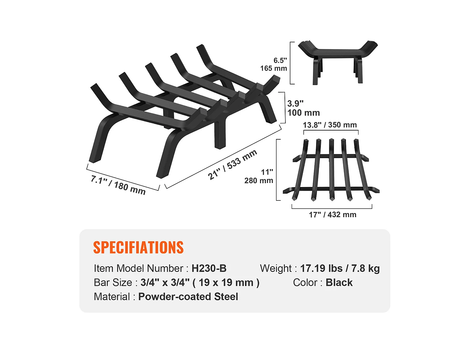 Grille à Bûches pour Foyer SucceBuy, 53 cm, Acier avec Revêtement en Poudre, Support à Bois
