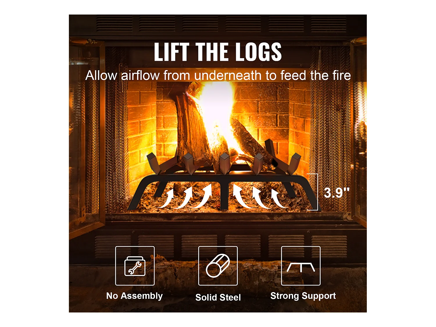 Grille à Bûches pour Foyer SucceBuy, 53 cm, Acier avec Revêtement en Poudre, Support à Bois