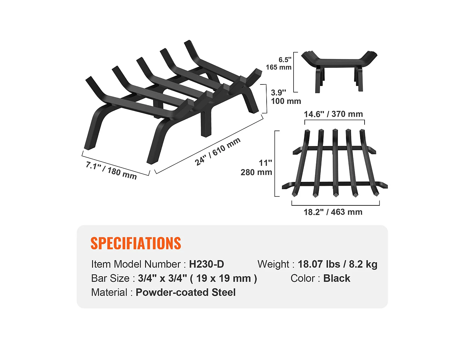 Grille à Bûches pour Foyer SucceBuy, 61 cm, Acier avec Revêtement en Poudre, Support à Bois