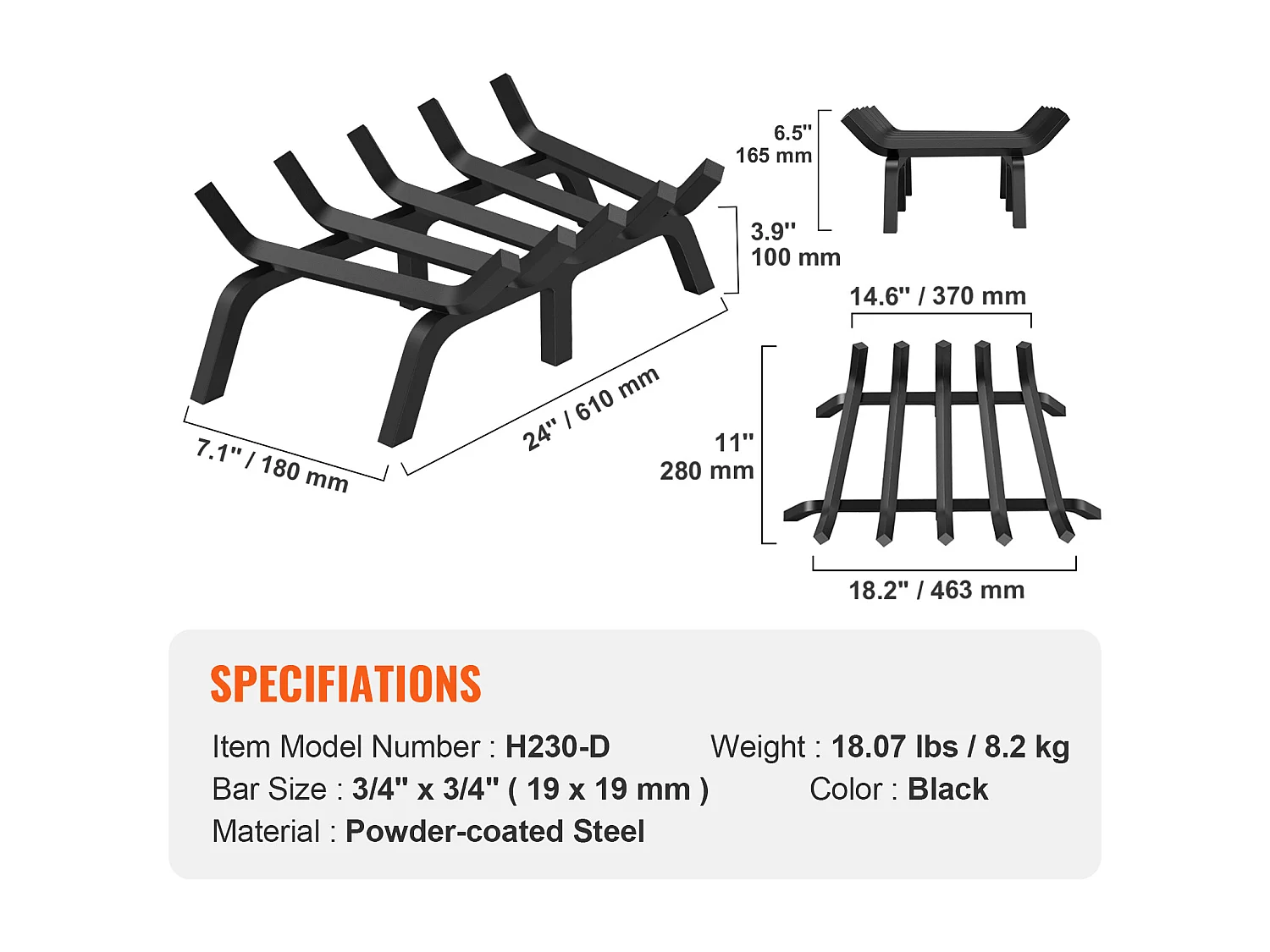 Grille à Bûches pour Foyer SucceBuy, 61 cm, Acier avec Revêtement en Poudre, Support à Bois