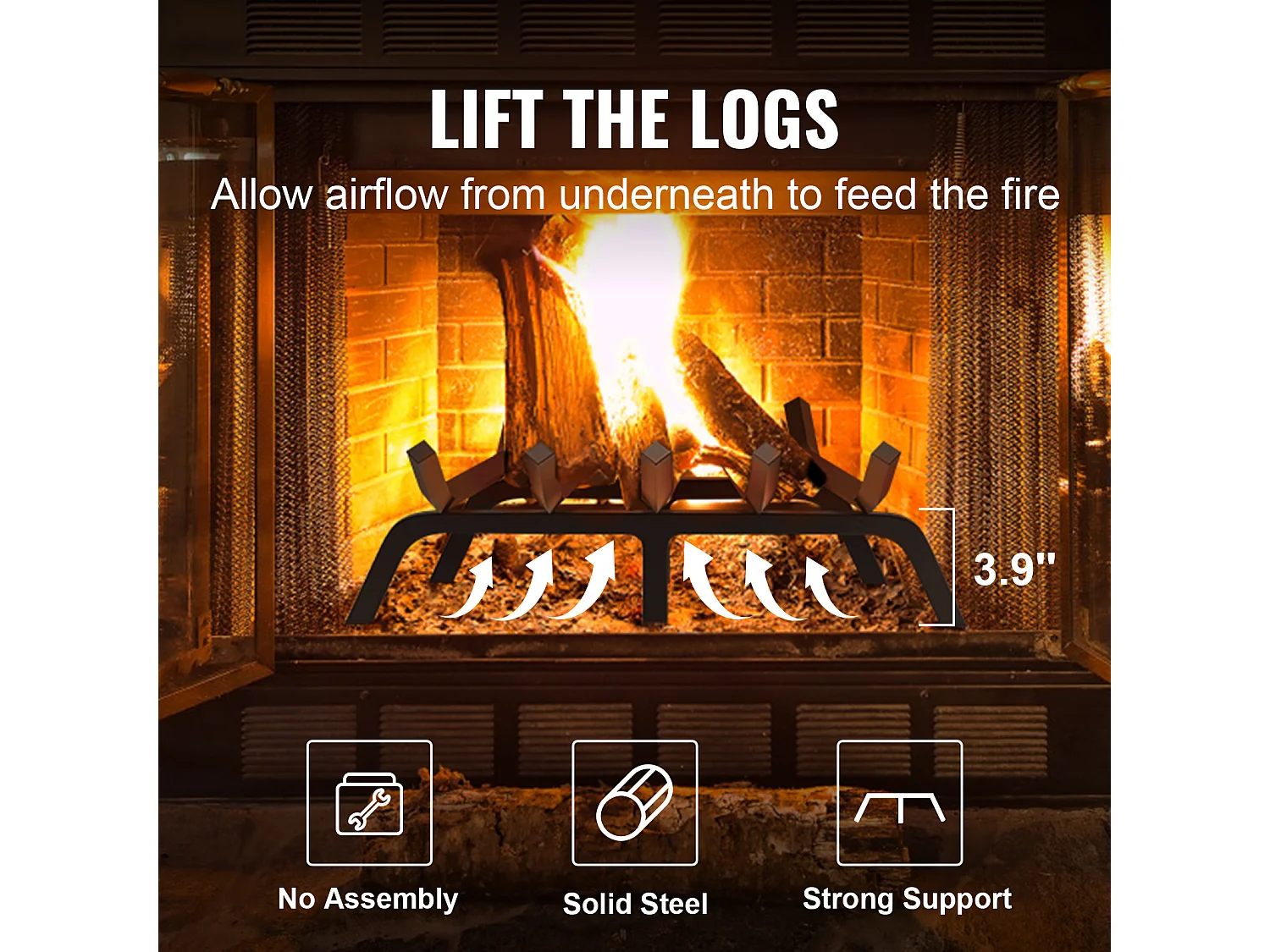 Grille à Bûches pour Foyer SucceBuy, 61 cm, Acier avec Revêtement en Poudre, Support à Bois