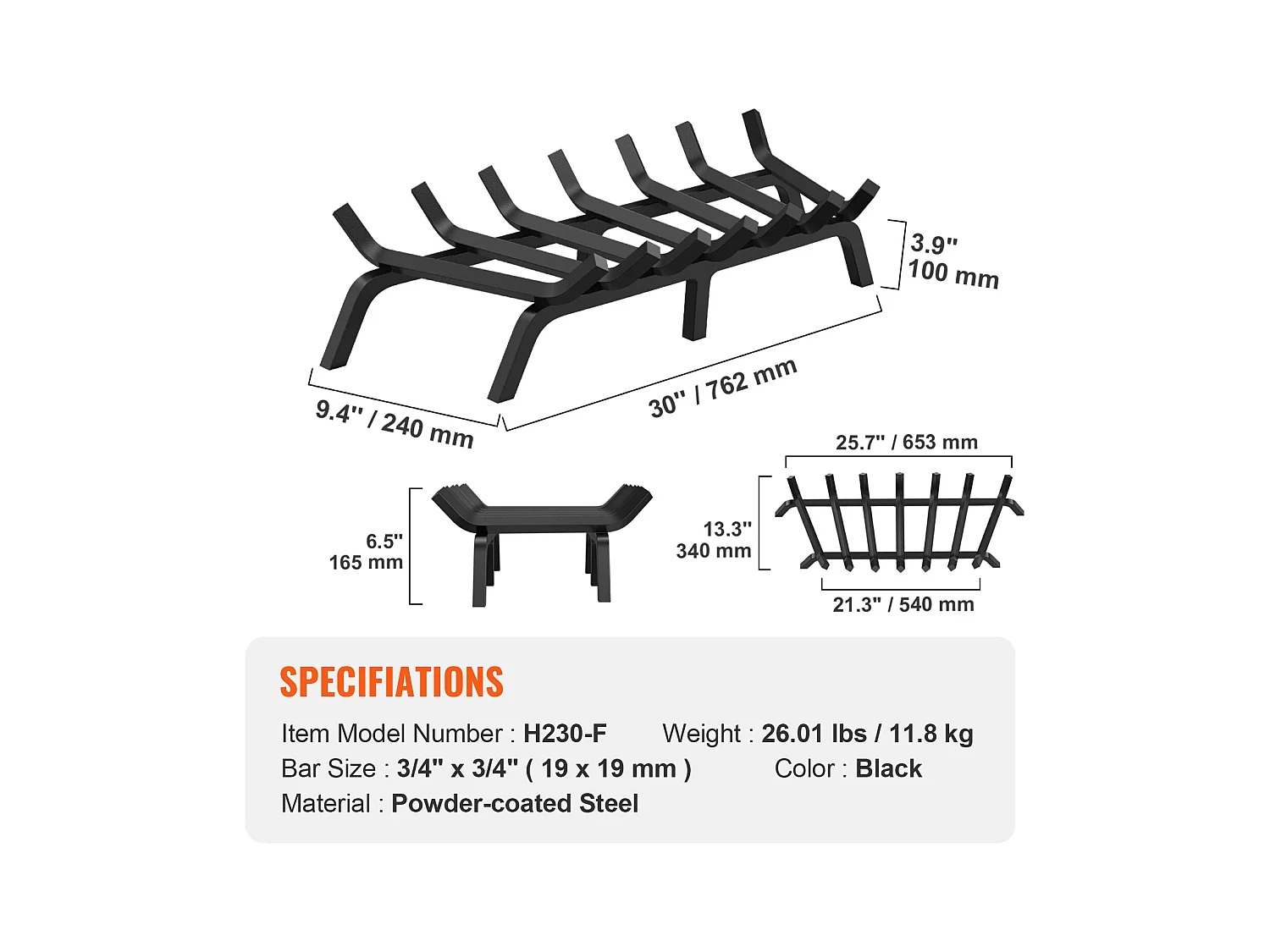 Grille à Bûches pour Foyer SucceBuy, 76 cm, Acier avec Revêtement en Poudre, Support à Bois