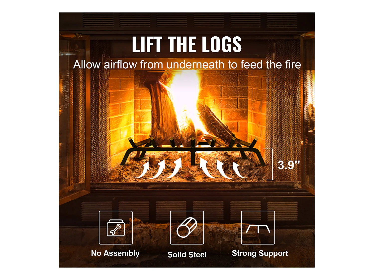 Grille à Bûches pour Foyer SucceBuy, 76 cm, Acier avec Revêtement en Poudre, Support à Bois