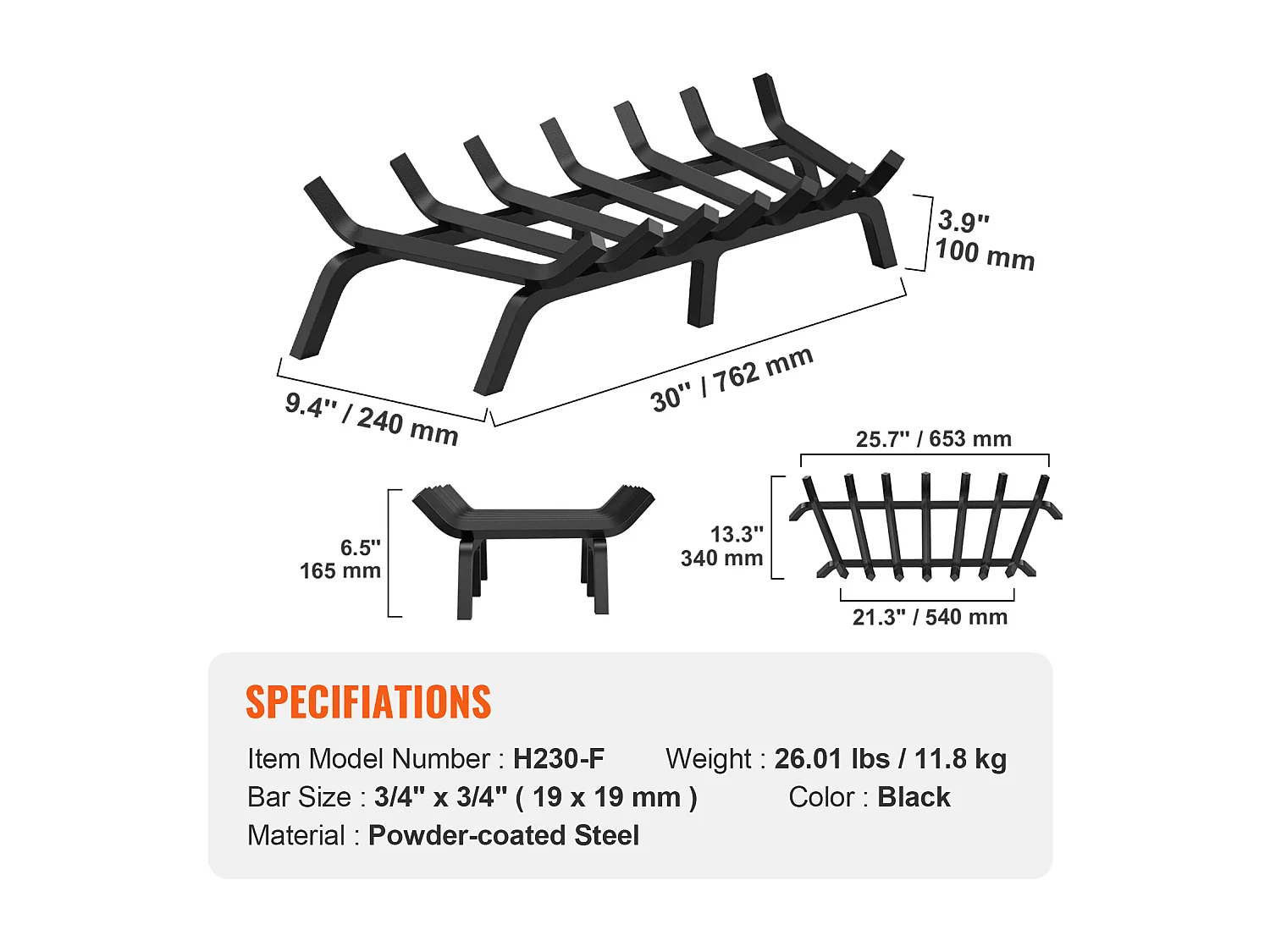 Holzrost für Kamin SucceBuy, 76 cm, Pulverbeschichtet Stahl, Brennholzhalter für den Innen- und Außenbereich
