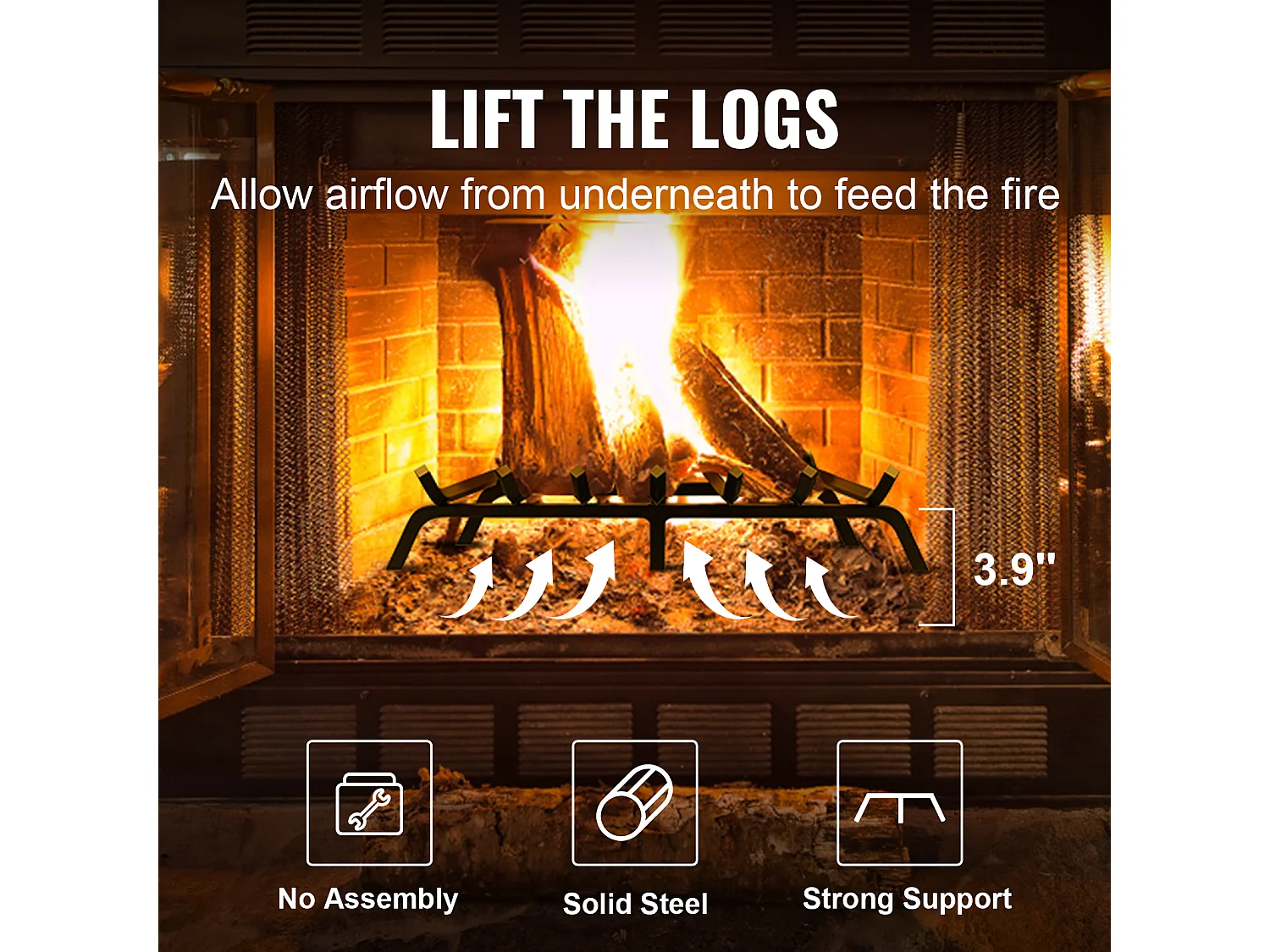 Holzrost für Kamin SucceBuy, 76 cm, Pulverbeschichtet Stahl, Brennholzhalter für den Innen- und Außenbereich