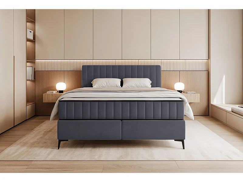 Lit boxspring 140x200 cm avec coffre – velours déperlant – gris - MUFASSO