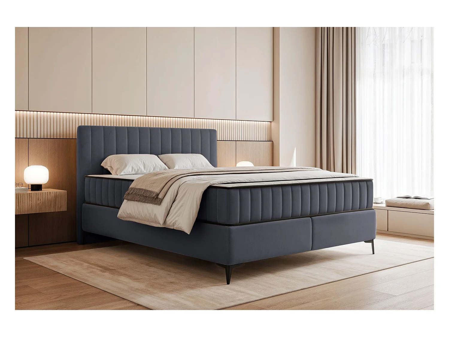 Boxspringbed 140x200 cm met opbergruimte – waterafstotend fluweel – grijs - MUFASSO