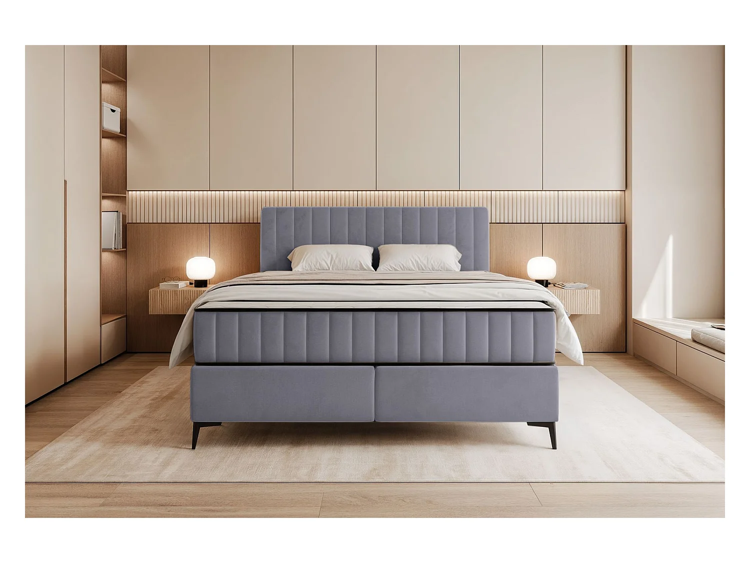 Lit boxspring 180x200 cm avec coffre – velours déperlant – gris clair - MUFASSO