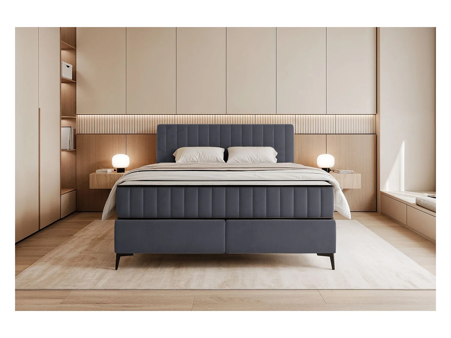 Lit boxspring 180x200 cm avec coffre – velours déperlant – gris - MUFASSO