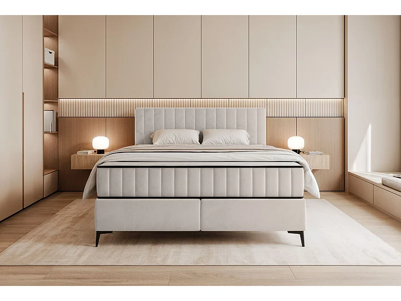 Lit boxspring 180x200 cm avec coffre – velours déperlant – beige clair - MUFASSO