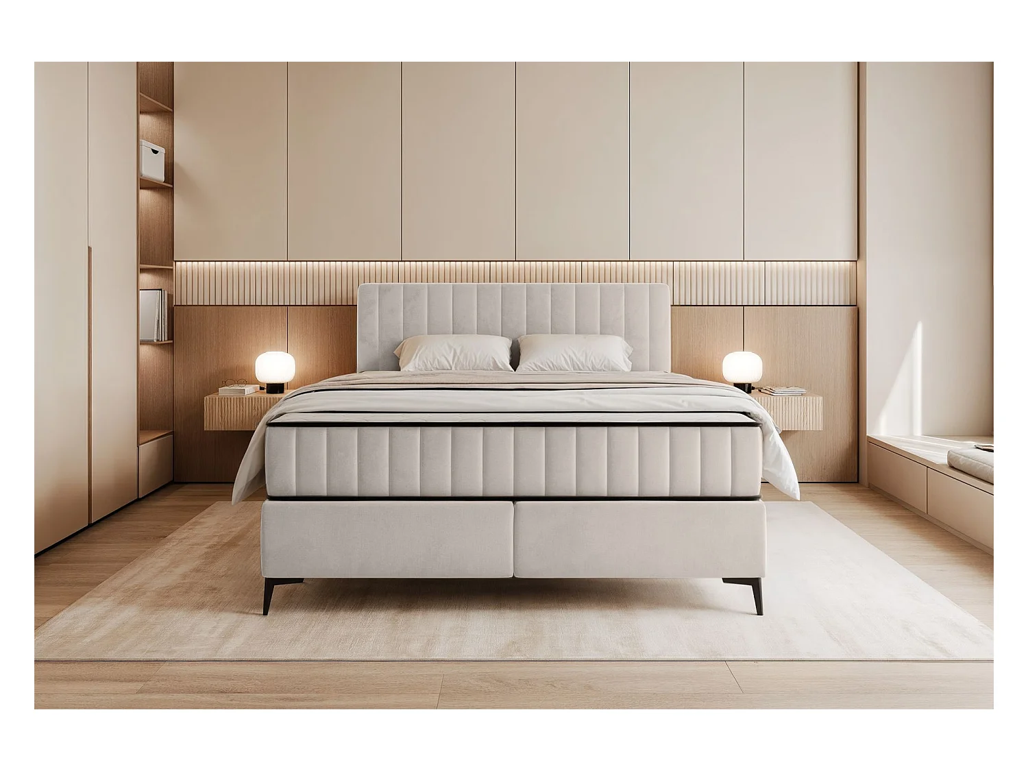 Lit boxspring 180x200 cm avec coffre – velours déperlant – beige clair - MUFASSO