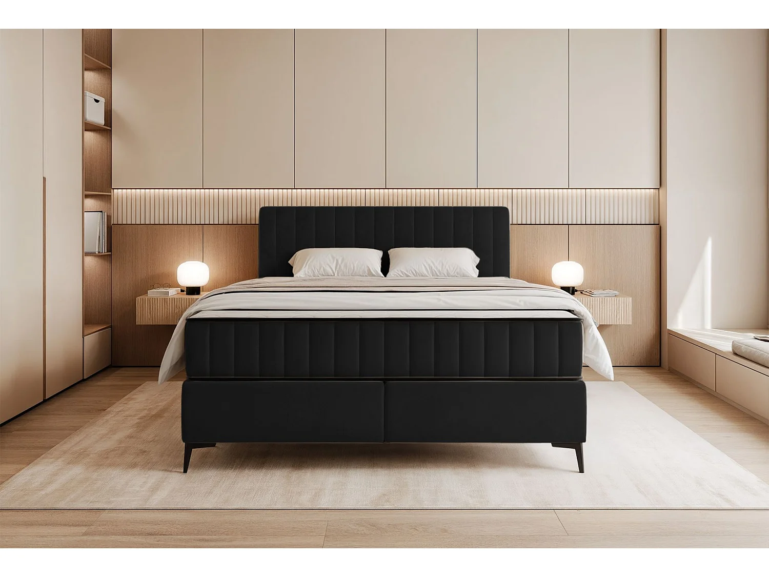 Boxbett 160x200 mit Bettkasten – wasserabweisender Velours - schwarz - MUFASSO