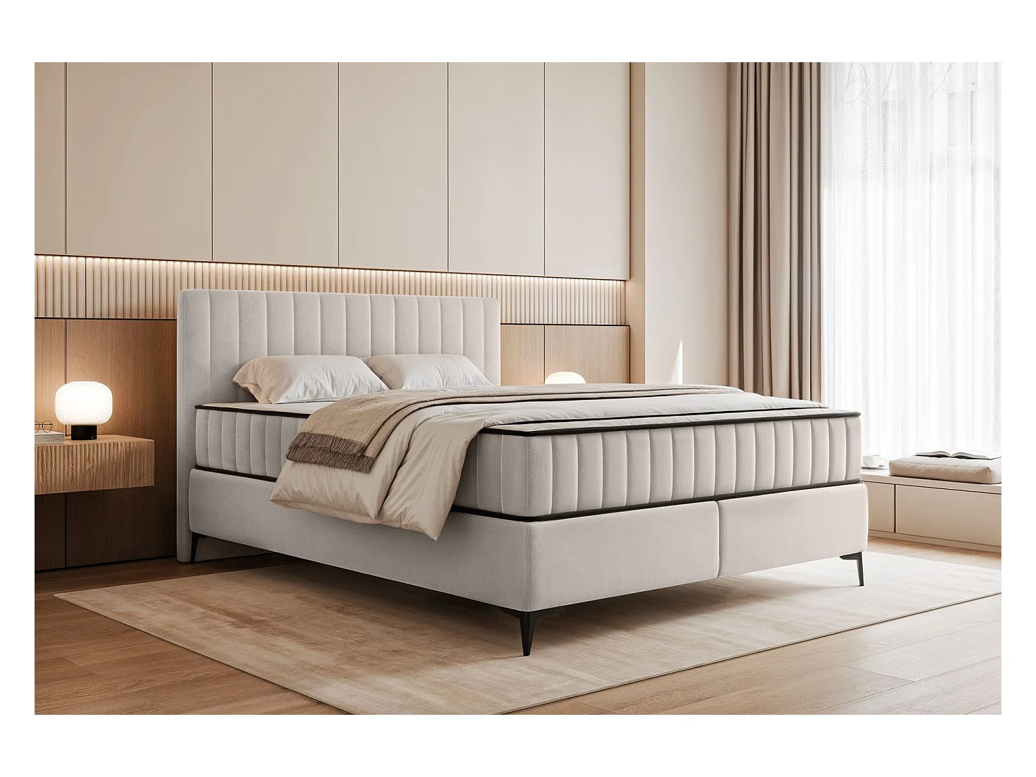 Boxbett 140x200 mit Bettkasten – wasserabweisender Velours - hellbeige - MUFASSO