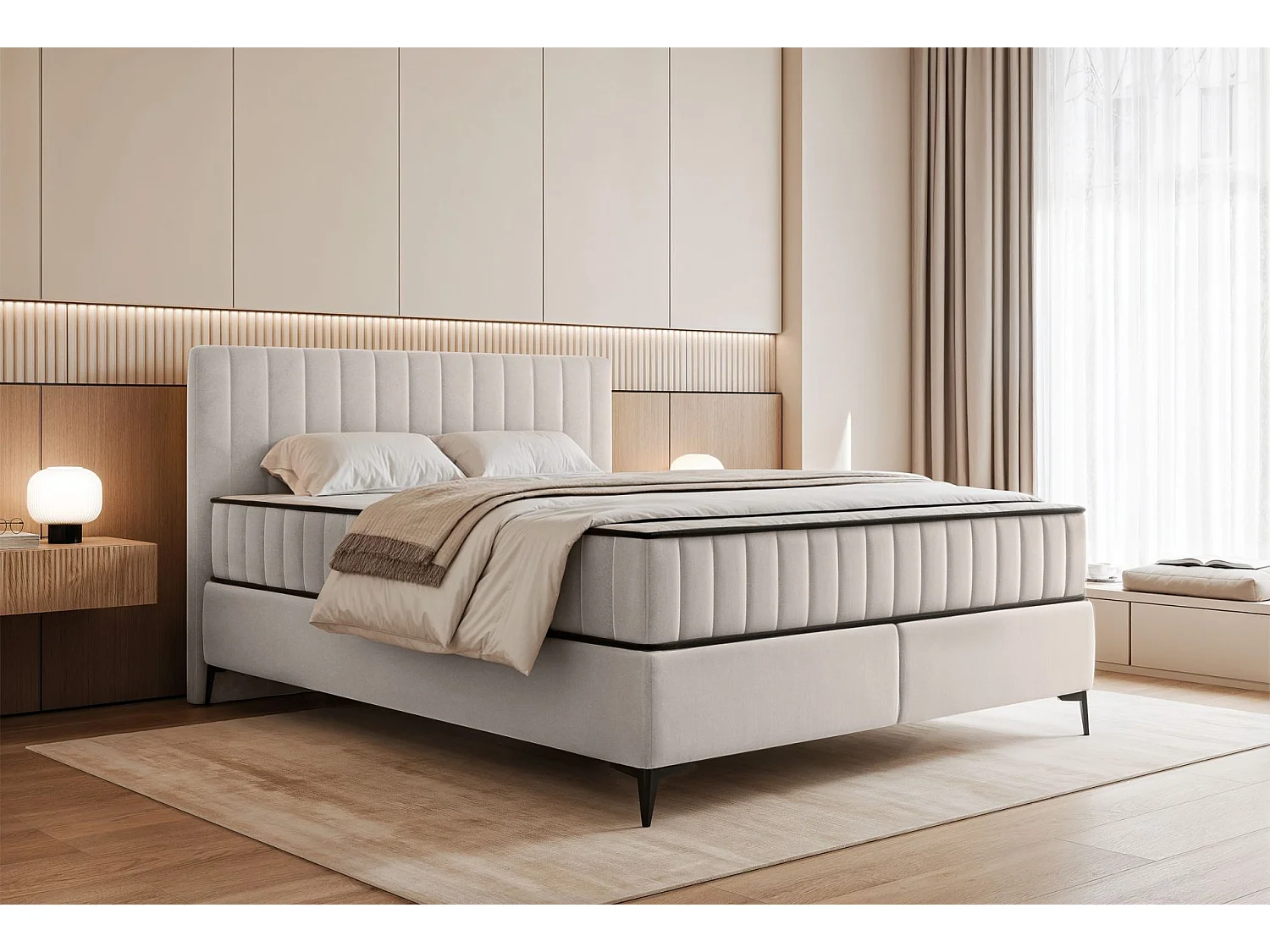 Lit boxspring 140x200 cm avec coffre – velours déperlant – beige clair - MUFASSO