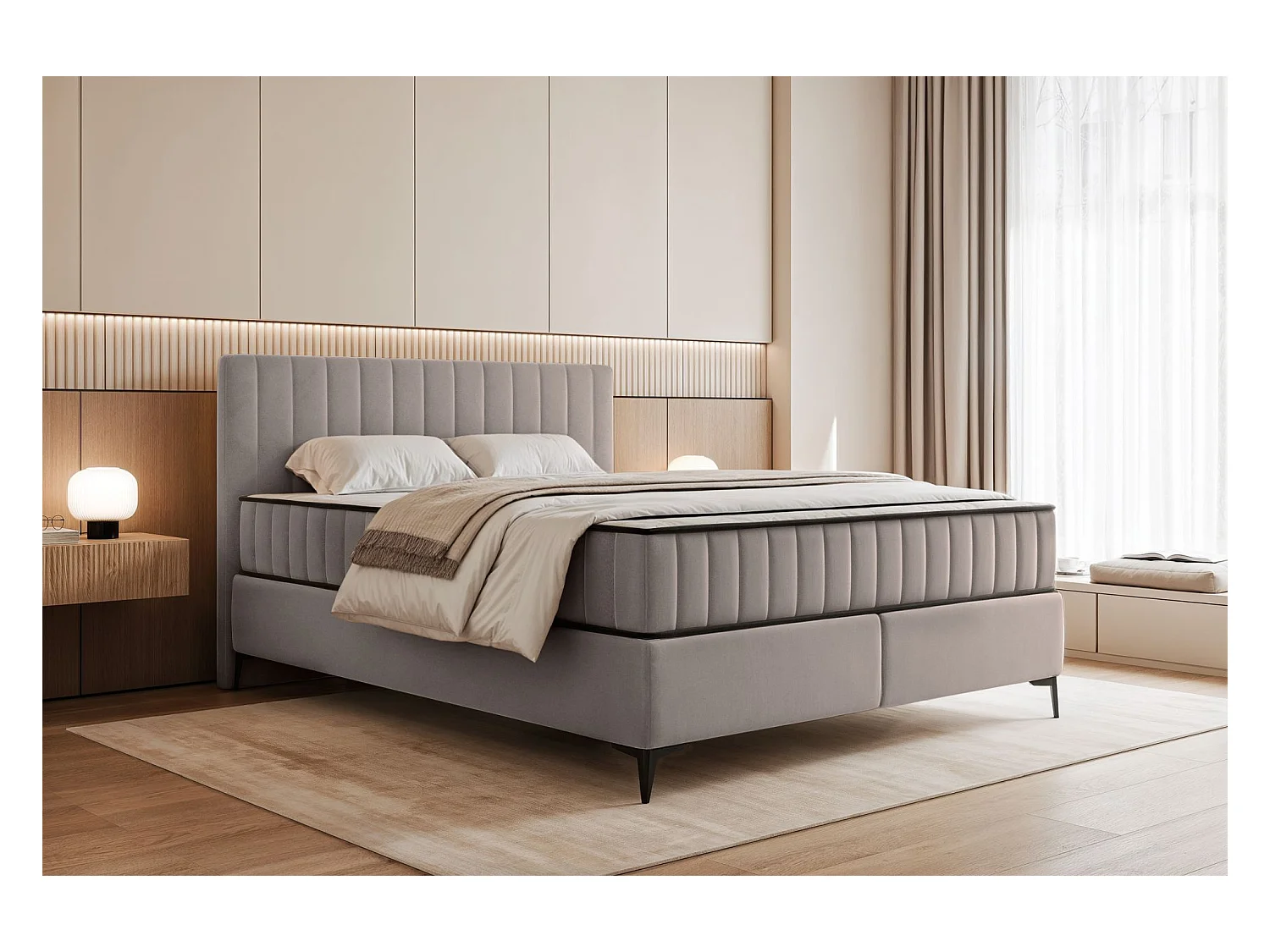 Boxspringbed 140x200 cm met opbergruimte – waterafstotend fluweel – greige - MUFASSO