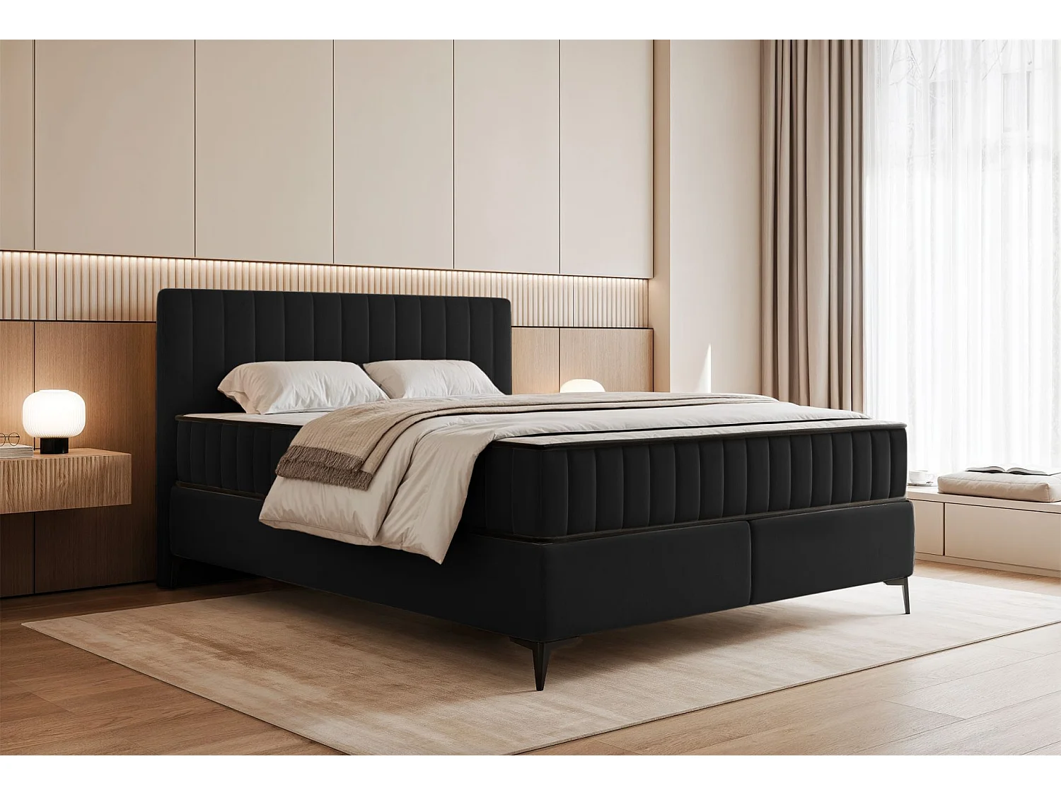 Boxspringbed 180x200 cm met opbergruimte – waterafstotend fluweel – zwart - MUFASSO