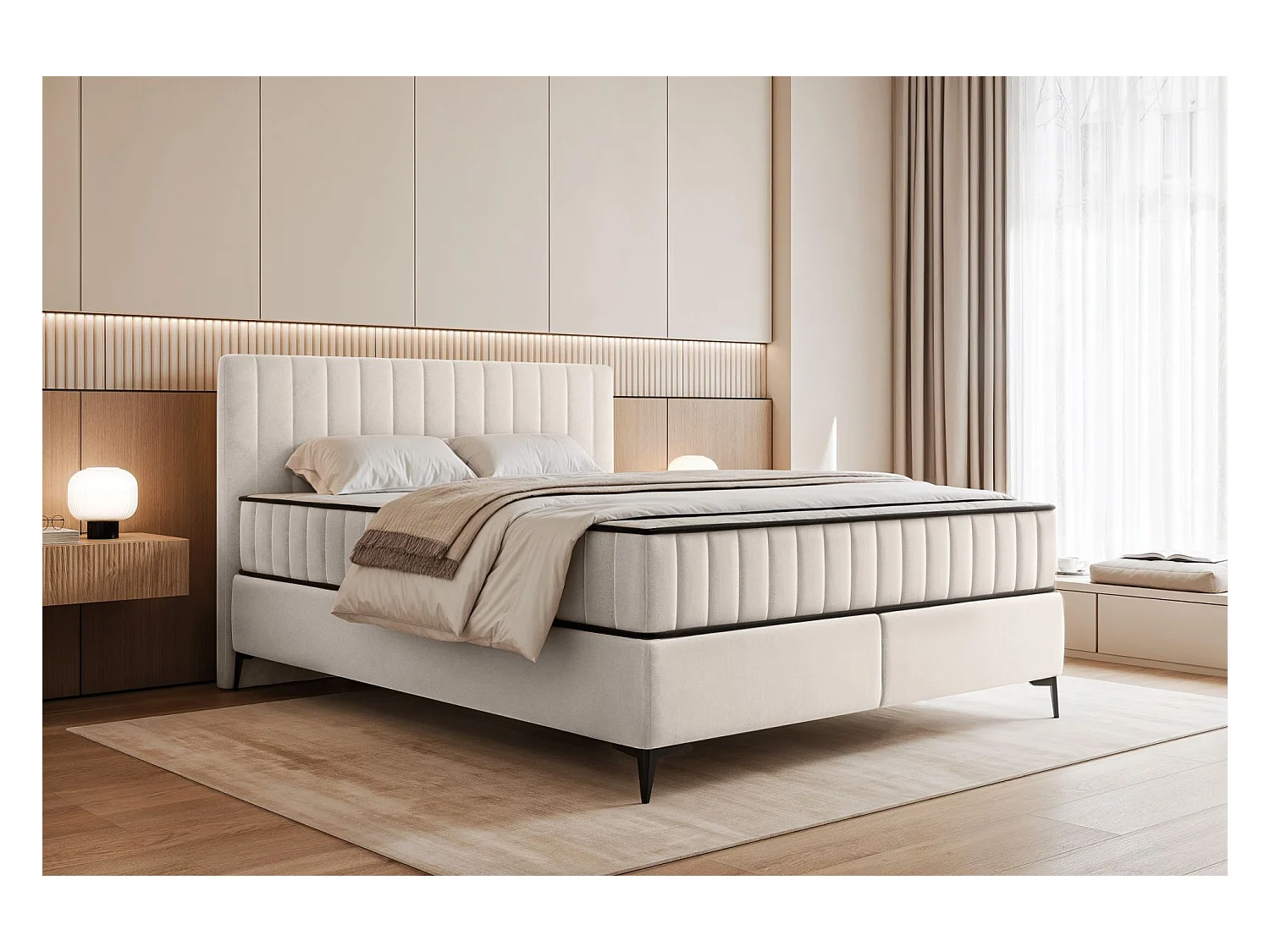 Boxspringbed 180x200 cm met opbergruimte – waterafstotend fluweel – crème - MUFASSO