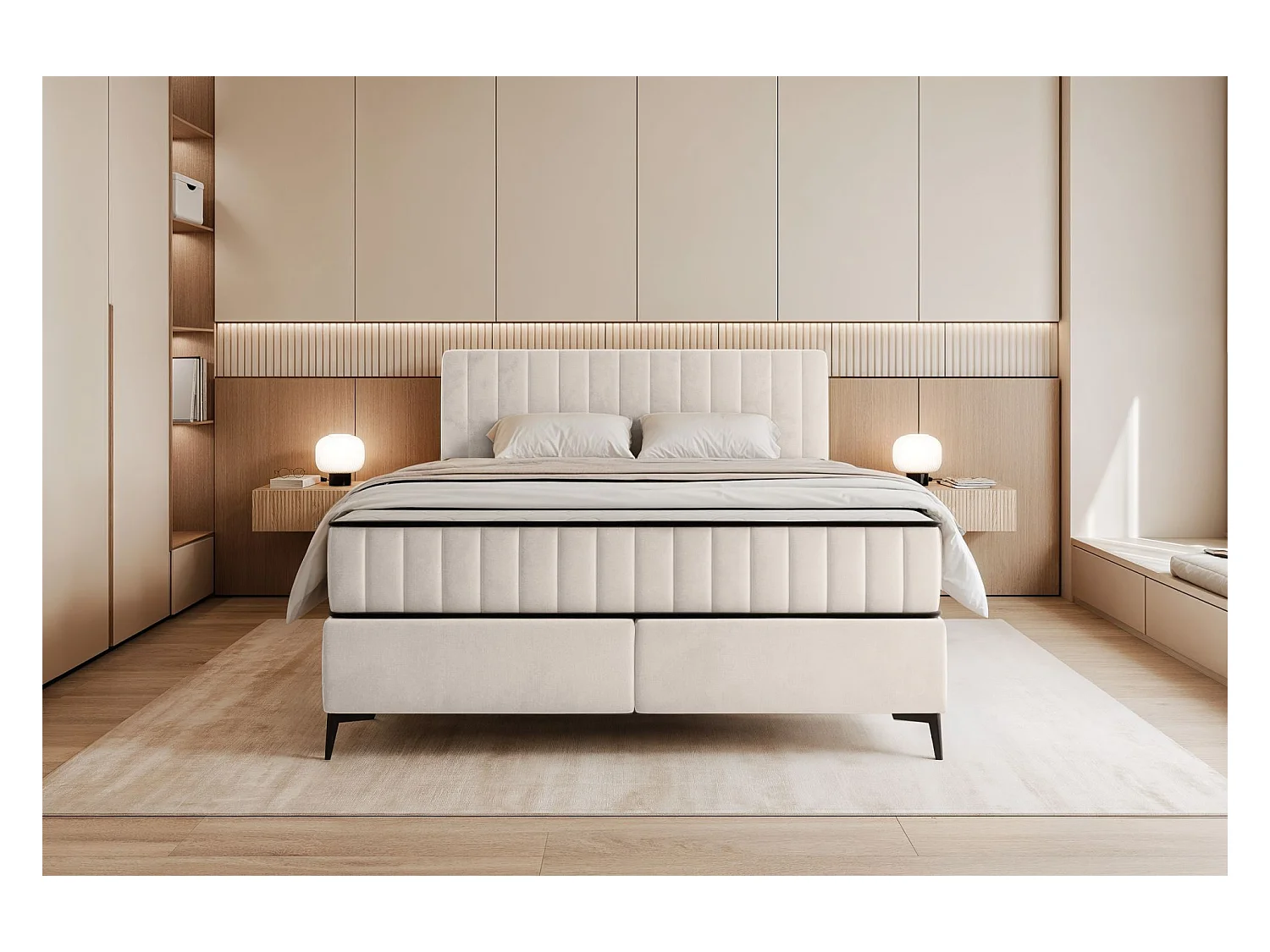 Lit boxspring 180x200 cm avec coffre – velours déperlant – crème - MUFASSO