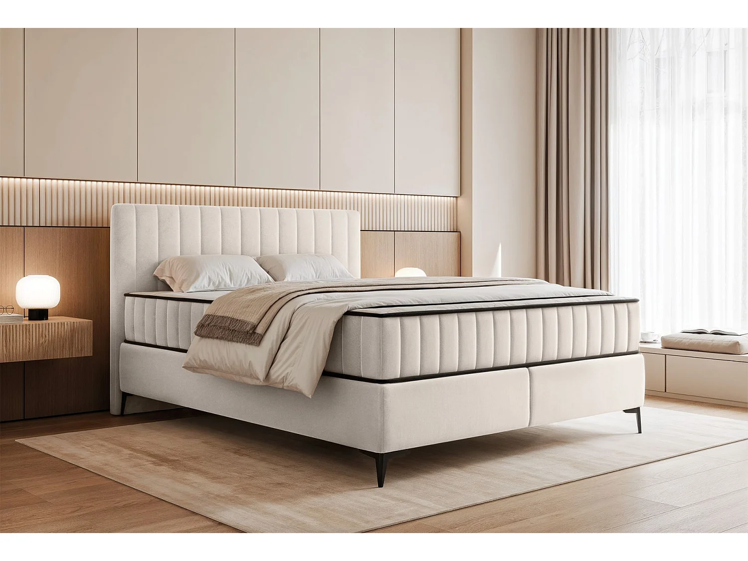 Lit boxspring 180x200 cm avec coffre – velours déperlant – crème - MUFASSO