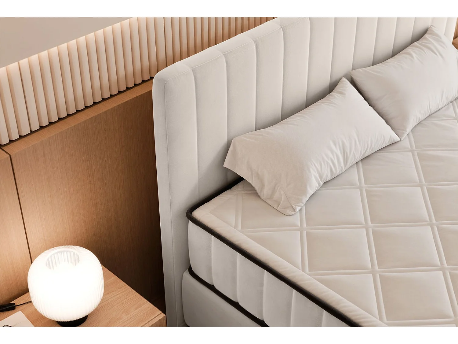 Lit boxspring 180x200 cm avec coffre – velours déperlant – crème - MUFASSO