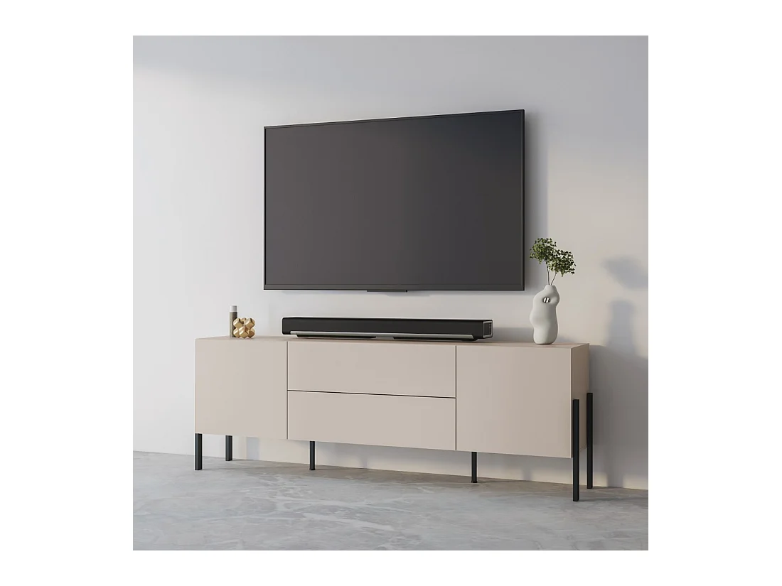 Mueble TV SALMA – 2 puertas & 2 cajones Push-to-Open – beige & negro mate, 207×70×40 cm