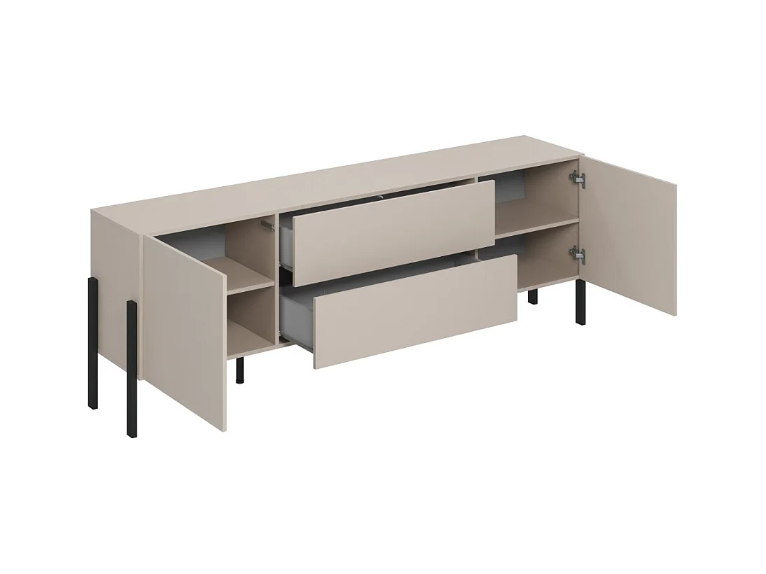 Mueble TV SALMA – 2 puertas & 2 cajones Push-to-Open – beige & negro mate, 207×70×40 cm