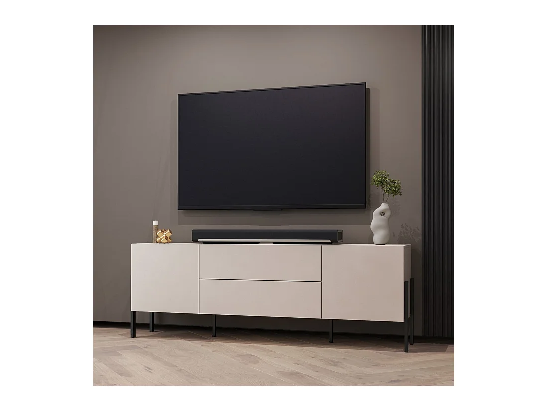 Mueble TV SALMA – 2 puertas & 2 cajones Push-to-Open – beige & negro mate, 207×70×40 cm