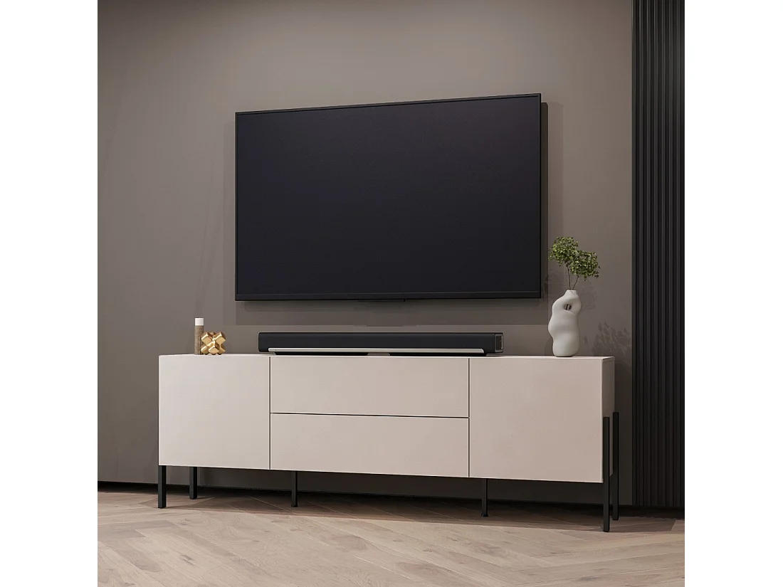 Mueble TV SALMA – 2 puertas & 2 cajones Push-to-Open – beige & negro mate, 207×70×40 cm
