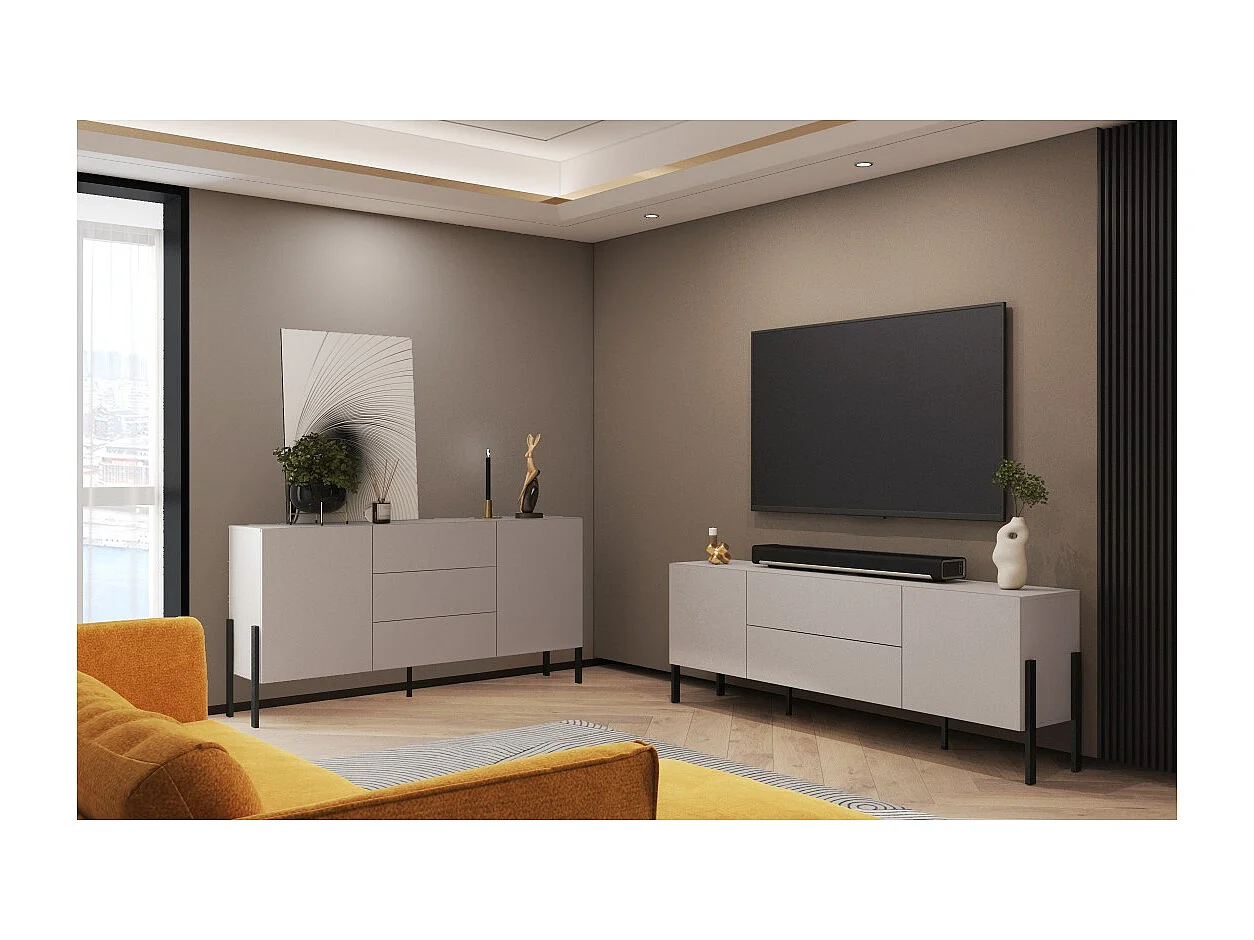 Mueble TV SALMA – 2 puertas & 2 cajones Push-to-Open – beige & negro mate, 207×70×40 cm