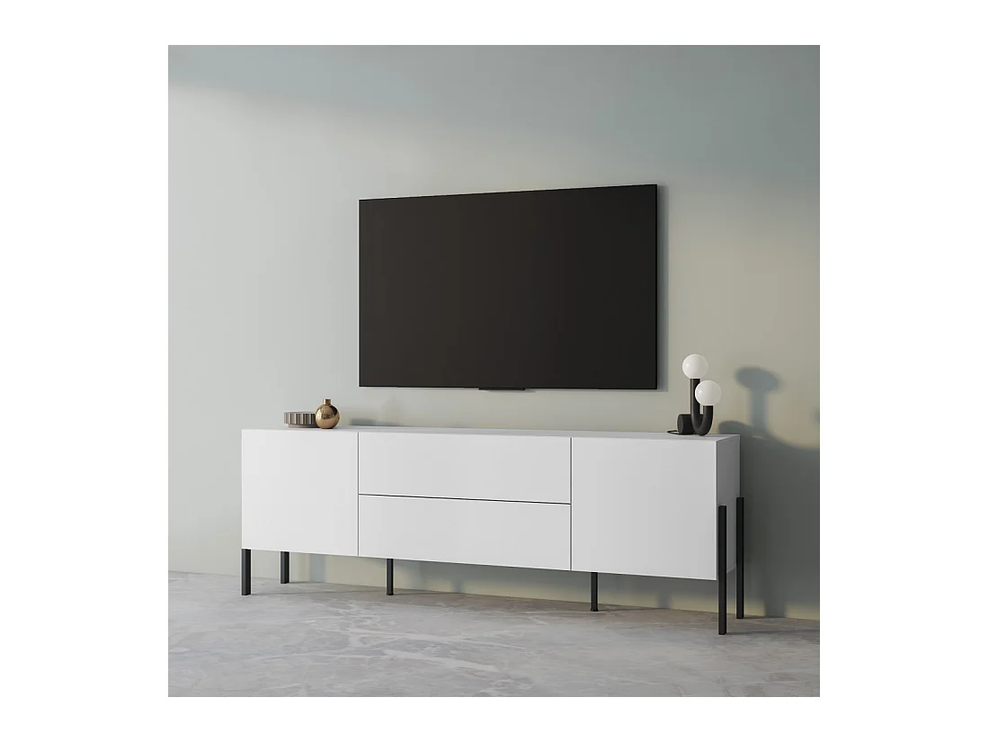 Mueble TV SALMA – 2 puertas & 2 cajones Push-to-Open – Blanco súper mate & negro Mate