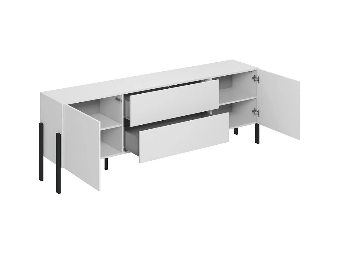 Mueble TV SALMA – 2 puertas & 2 cajones Push-to-Open – Blanco súper mate & negro Mate