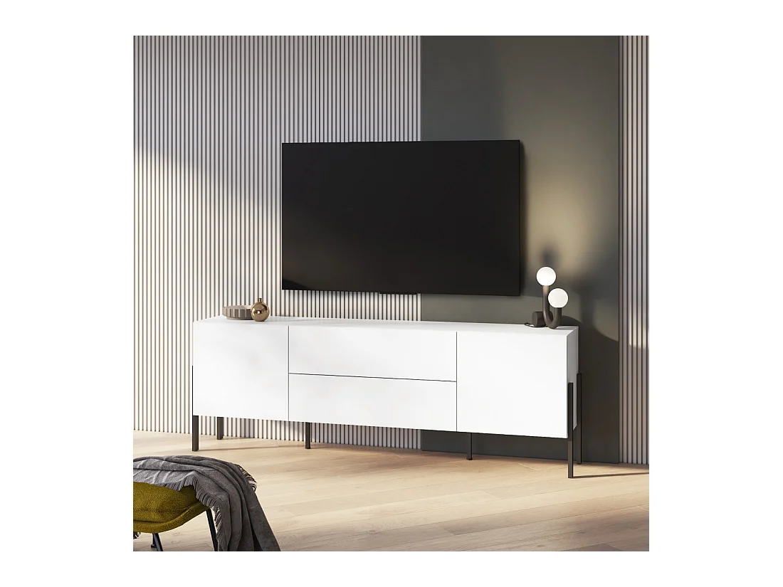 Mueble TV SALMA – 2 puertas & 2 cajones Push-to-Open – Blanco súper mate & negro Mate