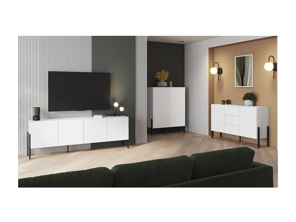 Mueble TV SALMA – 2 puertas & 2 cajones Push-to-Open – Blanco súper mate & negro Mate