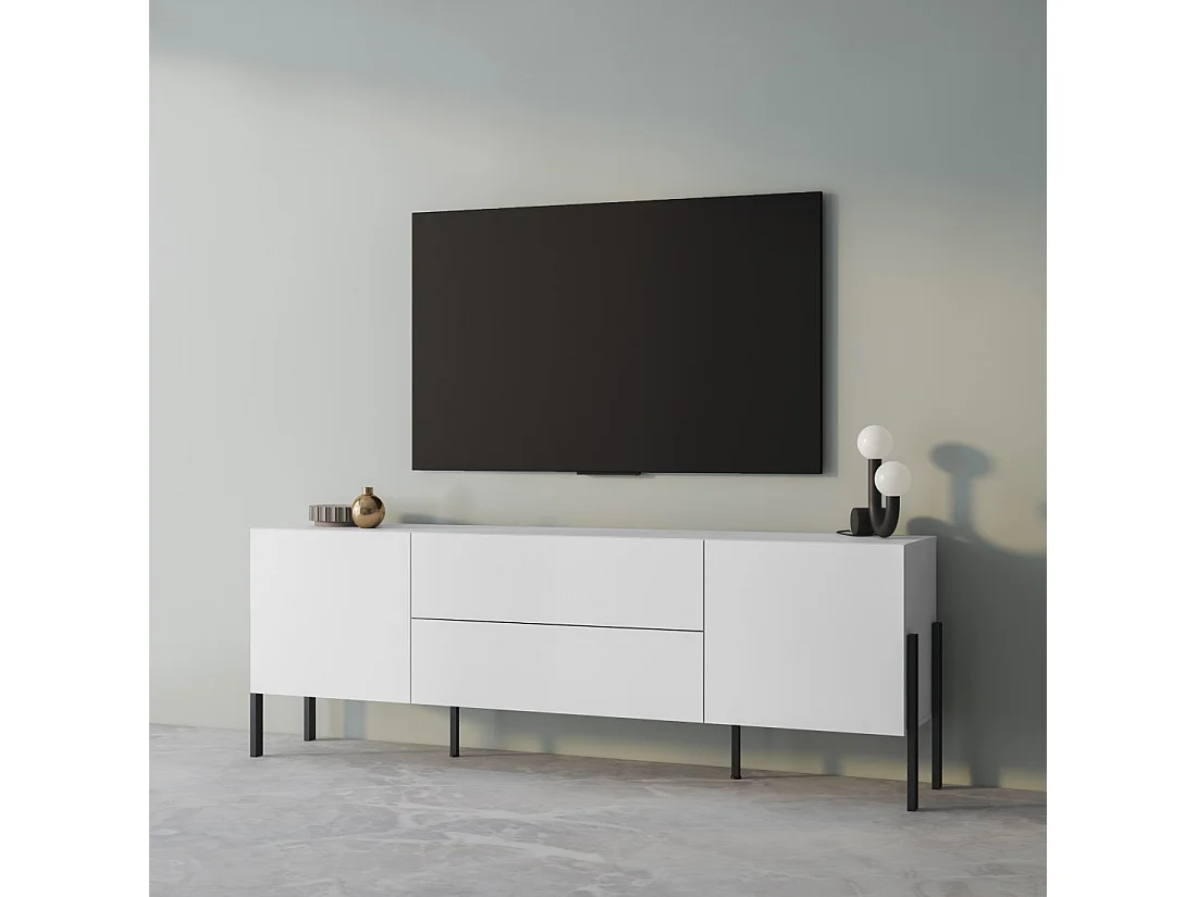 Mueble TV SALMA – 2 puertas & 2 cajones Push-to-Open – Blanco súper mate & negro Mate