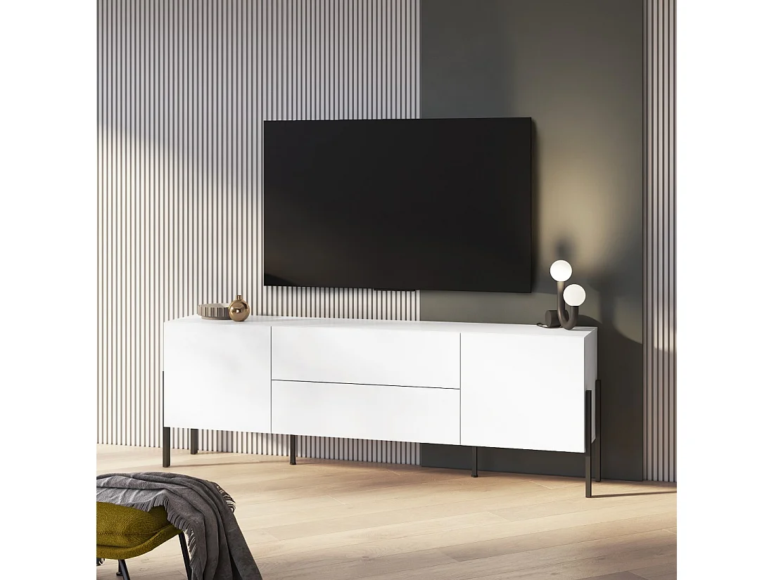 Mueble TV SALMA – 2 puertas & 2 cajones Push-to-Open – Blanco súper mate & negro Mate