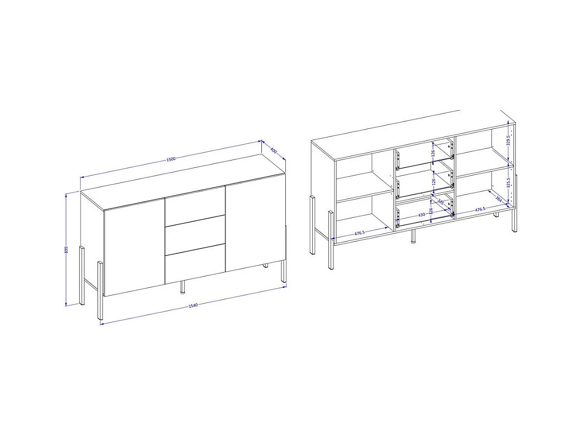 Buffet diseño colección SALMA - 2 puertas & 3 cajones – Blanco super mate & negro mate