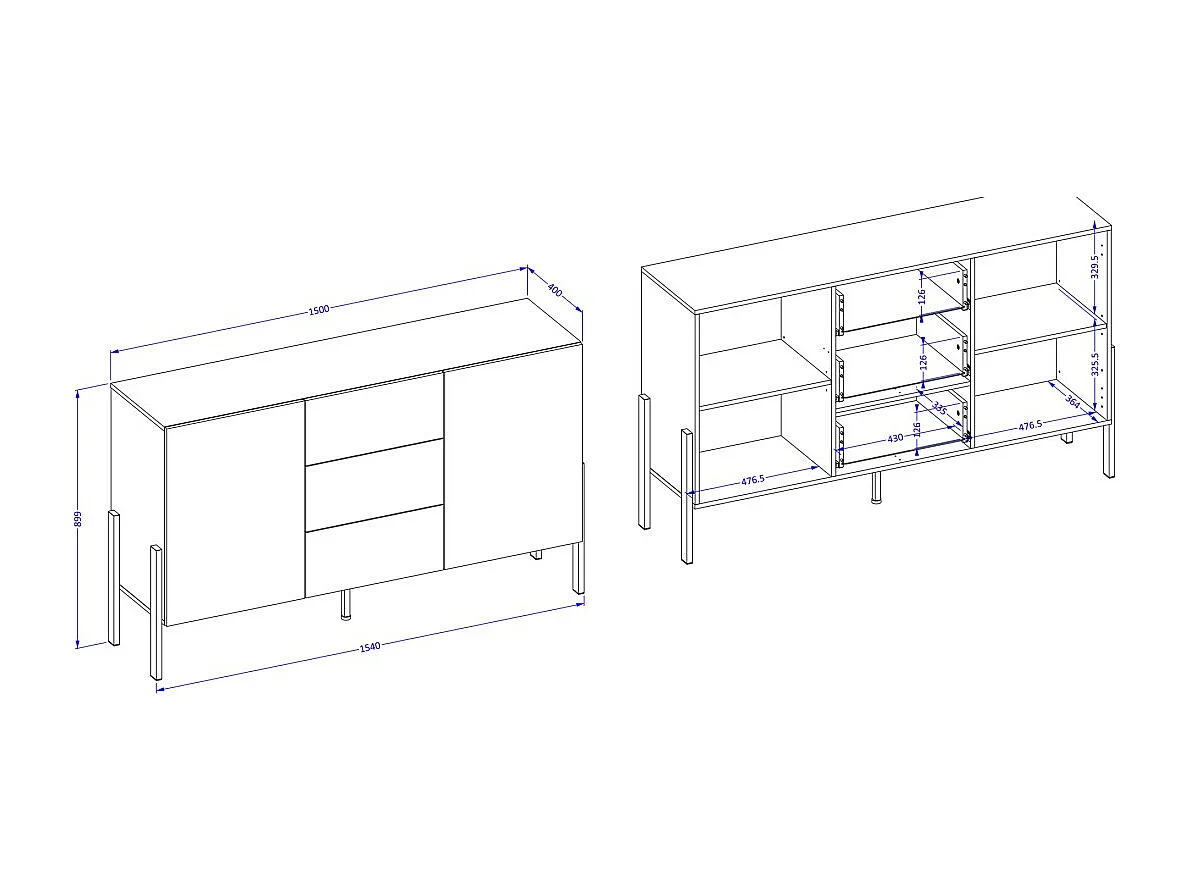 Buffet diseño colección SALMA - 2 puertas & 3 cajones – Blanco super mate & negro mate