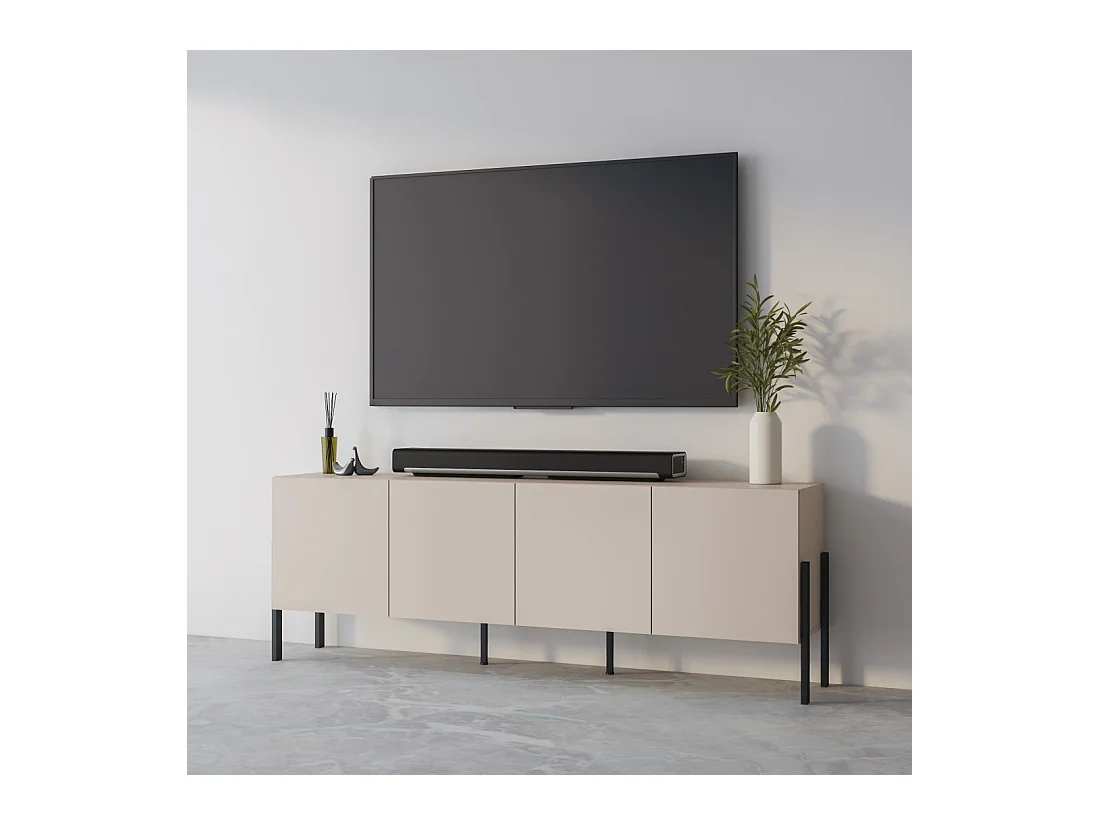 Buffet SALMA 4 puertas Push-to-Open – beige & negro mate, 204×70×40 cm