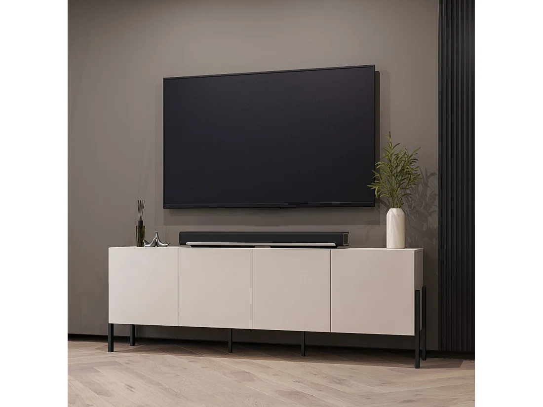 Buffet SALMA 4 puertas Push-to-Open – beige & negro mate, 204×70×40 cm