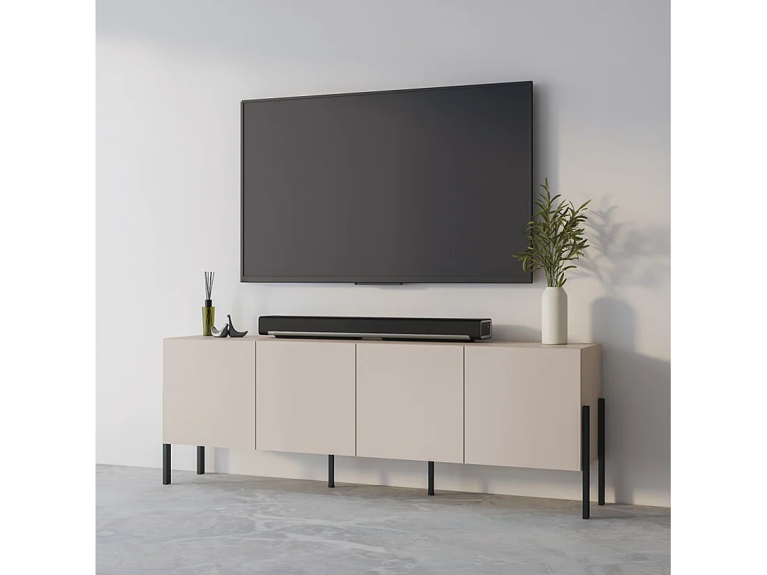 Buffet SALMA 4 puertas Push-to-Open – beige & negro mate, 204×70×40 cm