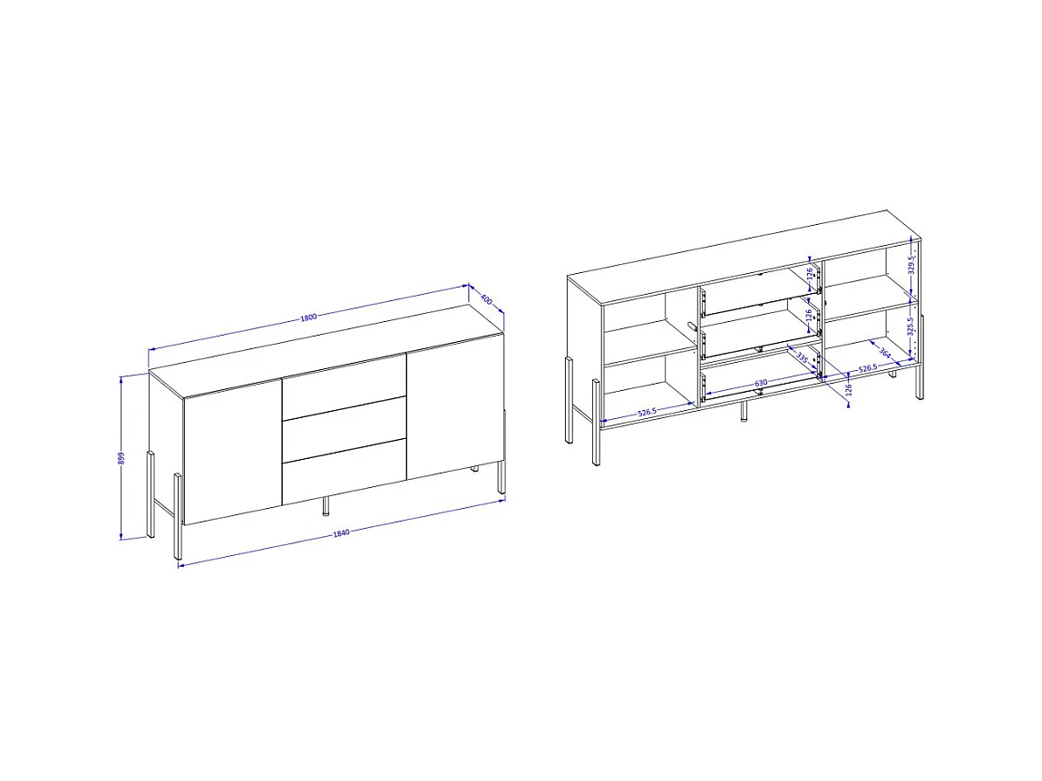 Buffet SALMA 2 portas & 3 gavetas Push-to-Open – bege & preto fosco, 184×90×40 cm