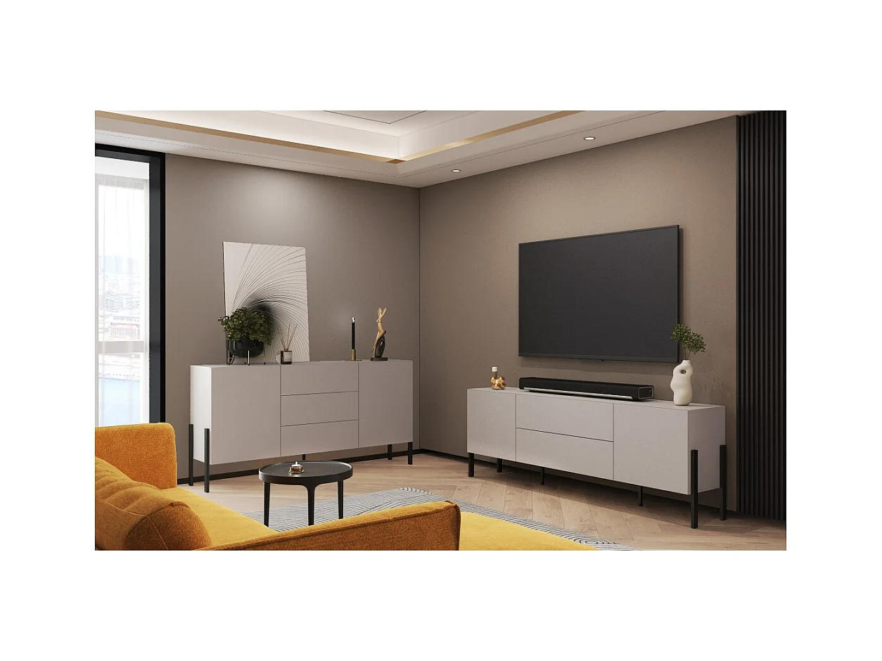 Buffet SALMA 2 portas & 3 gavetas Push-to-Open – bege & preto fosco, 184×90×40 cm