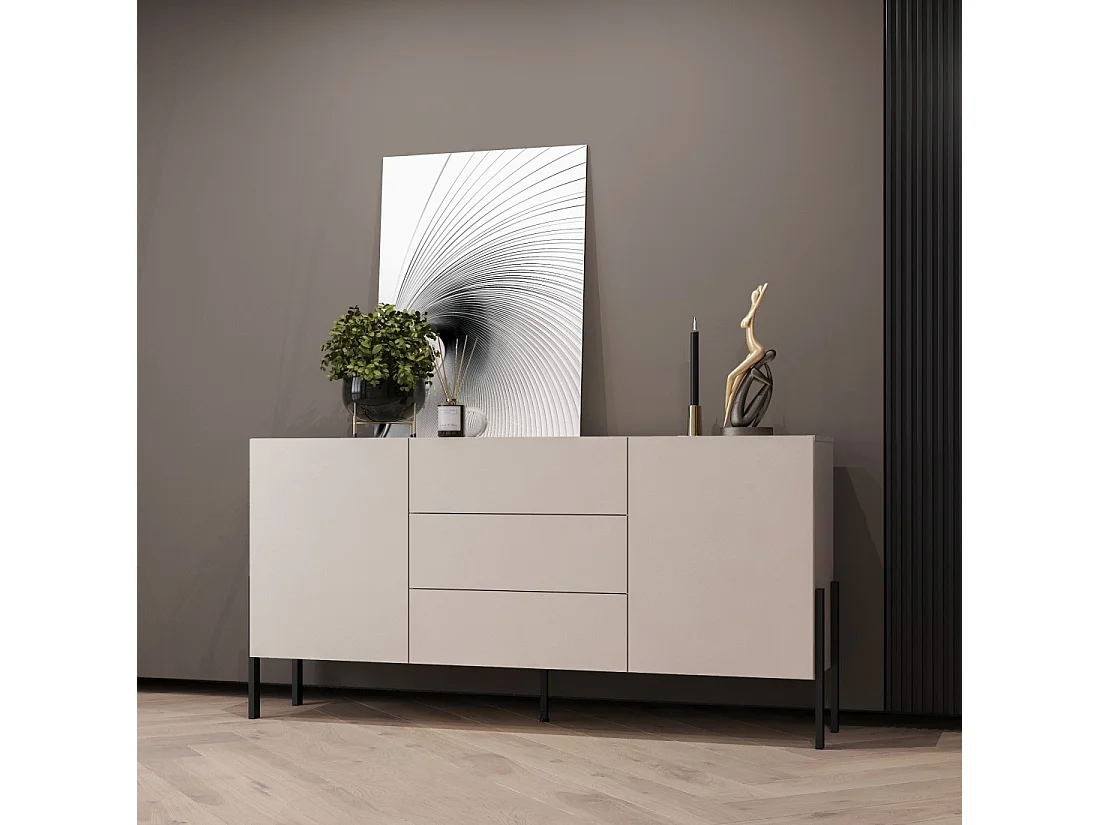 Buffet SALMA 2 portes & 3 tiroirs Push-to-Open – beige & noir mat, 184×90×40 cm