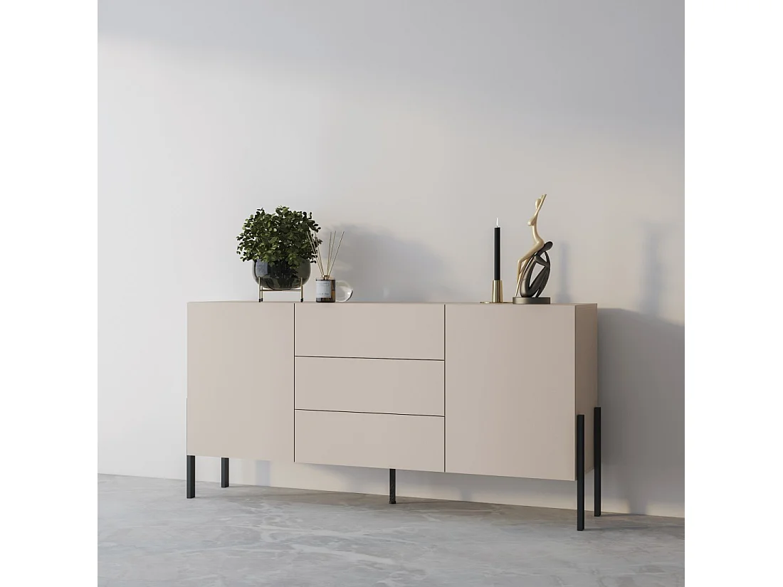 Buffet SALMA 2 portes & 3 tiroirs Push-to-Open – beige & noir mat, 184×90×40 cm