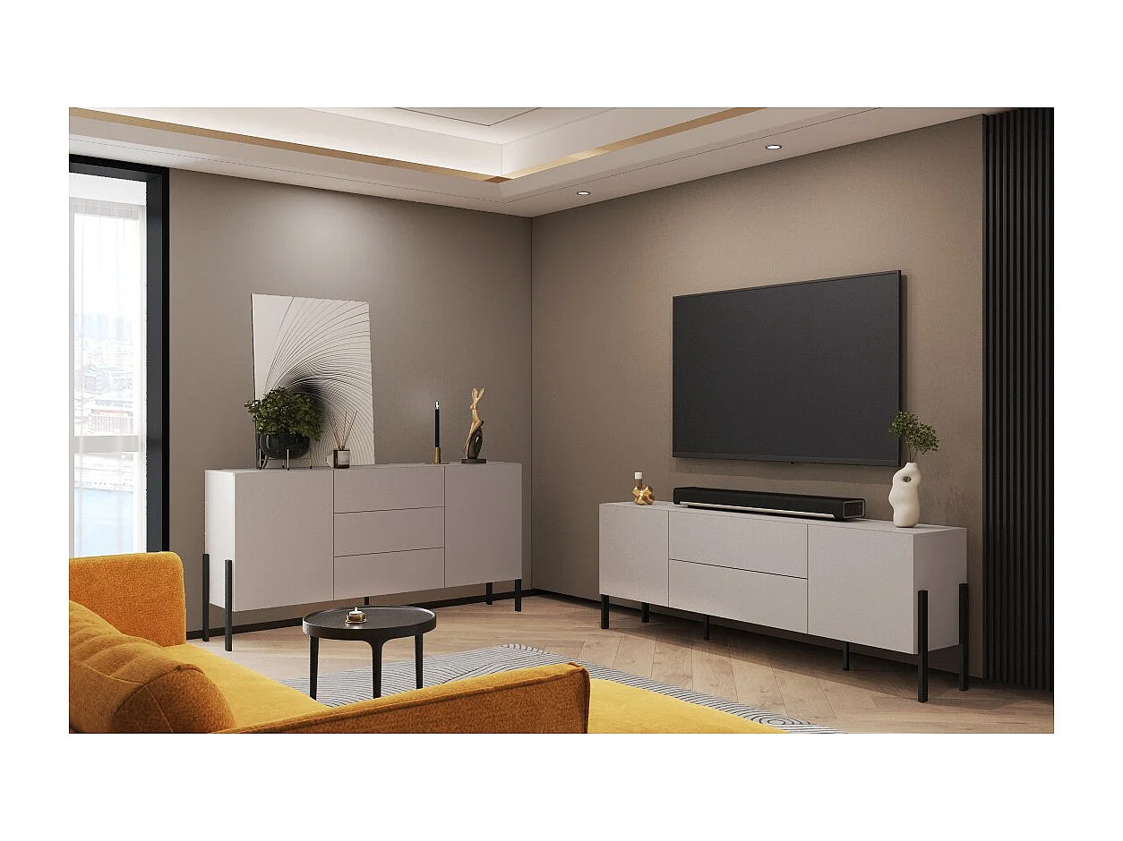 Buffet SALMA 2 portes & 3 tiroirs Push-to-Open – beige & noir mat, 184×90×40 cm