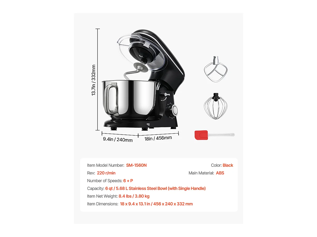 Staande Mixer SucceBuy, Elektrische Mixer van 5.68L en 1400 W met RVS Kom, Haak, Garde, Mixer, Schraper, Zwart