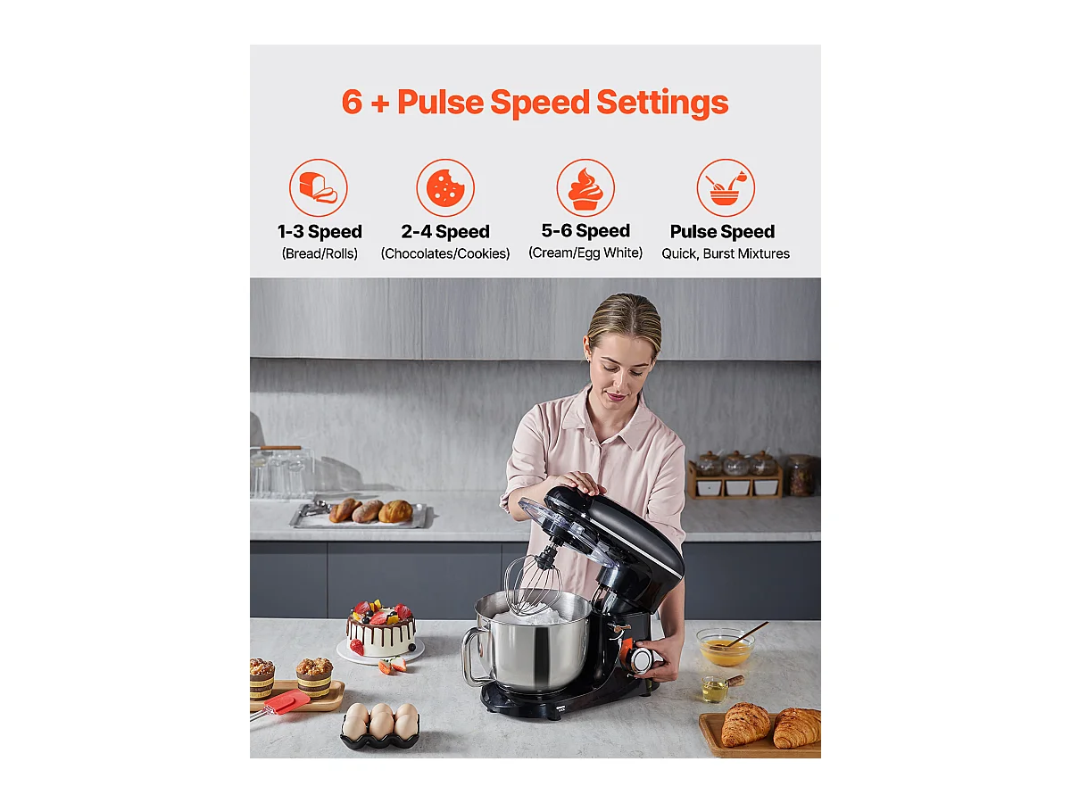 Staande Mixer SucceBuy, Elektrische Mixer van 5.68L en 1400 W met RVS Kom, Haak, Garde, Mixer, Schraper, Zwart