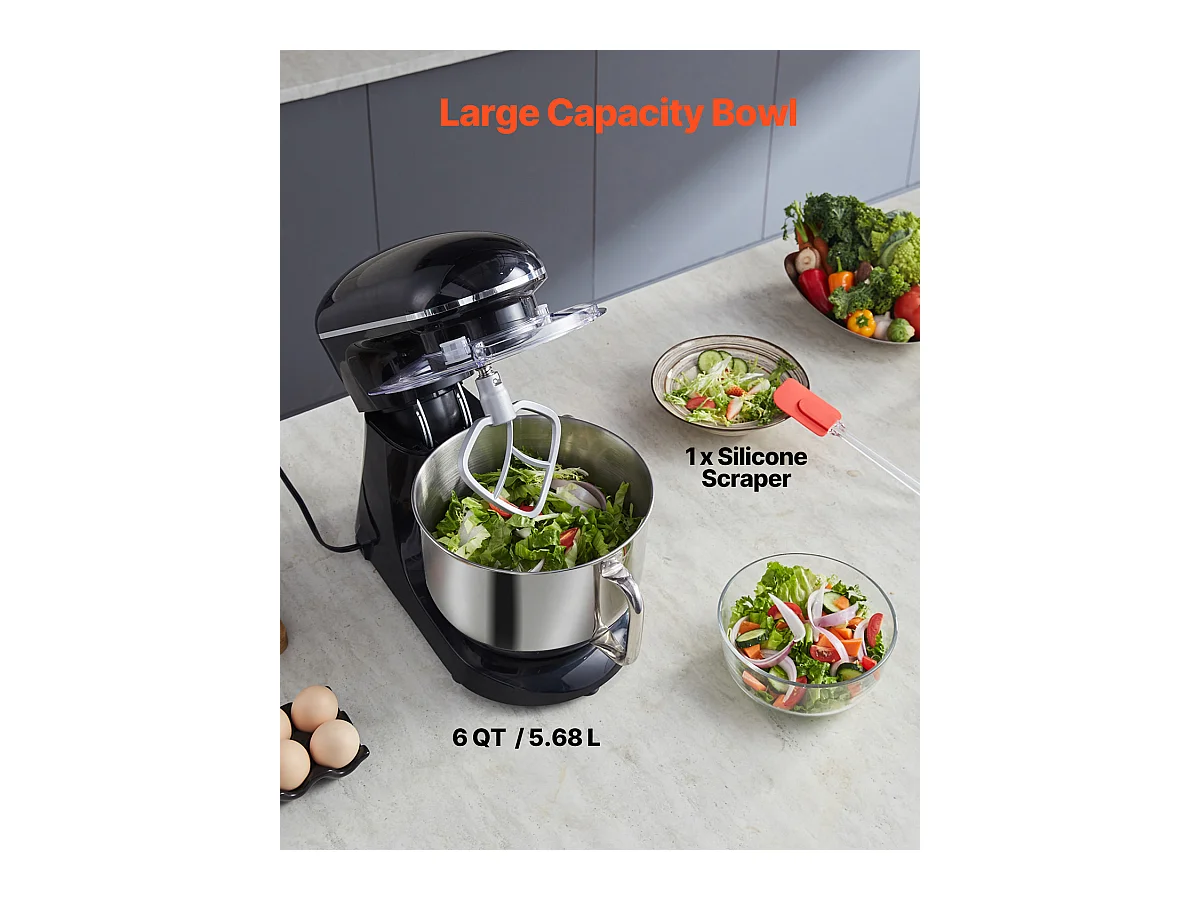 Staande Mixer SucceBuy, Elektrische Mixer van 5.68L en 1400 W met RVS Kom, Haak, Garde, Mixer, Schraper, Zwart