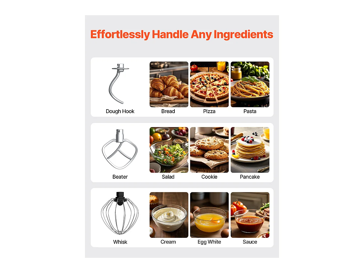 Staande Mixer SucceBuy, Elektrische Mixer van 5.68L en 1400 W met RVS Kom, Haak, Garde, Mixer, Schraper, Zwart